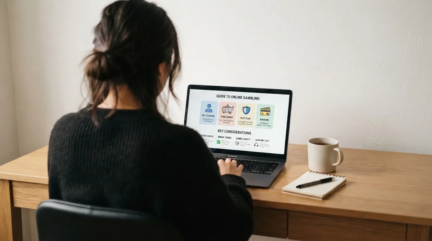 Person am Laptop liest eine Übersichtsseite zu Glücksspielen im Internet — 10 euro bonus ohne einzahlung casino