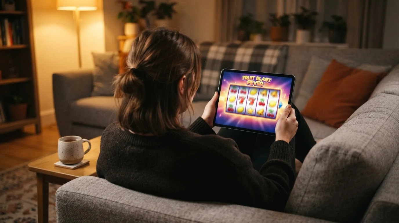 Person sitzt entspannt auf einem Sofa und blickt konzentriert auf ein Tablet in gedämpftem Wohnzimmerlicht am Abend.
