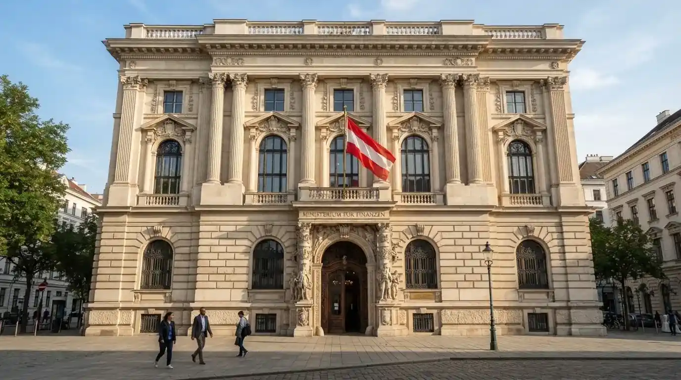 Fassade eines klassizistischen Wiener Amtsgebäudes mit österreichischer Flagge an einem klaren Nachmittag.