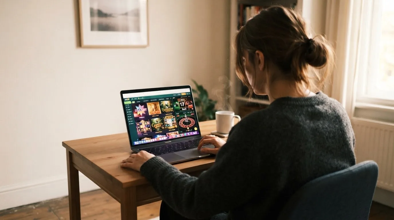 Person am Laptop liest eine Übersichtsseite zu Glücksspielen im Internet — 15 euro bonus ohne einzahlung casino