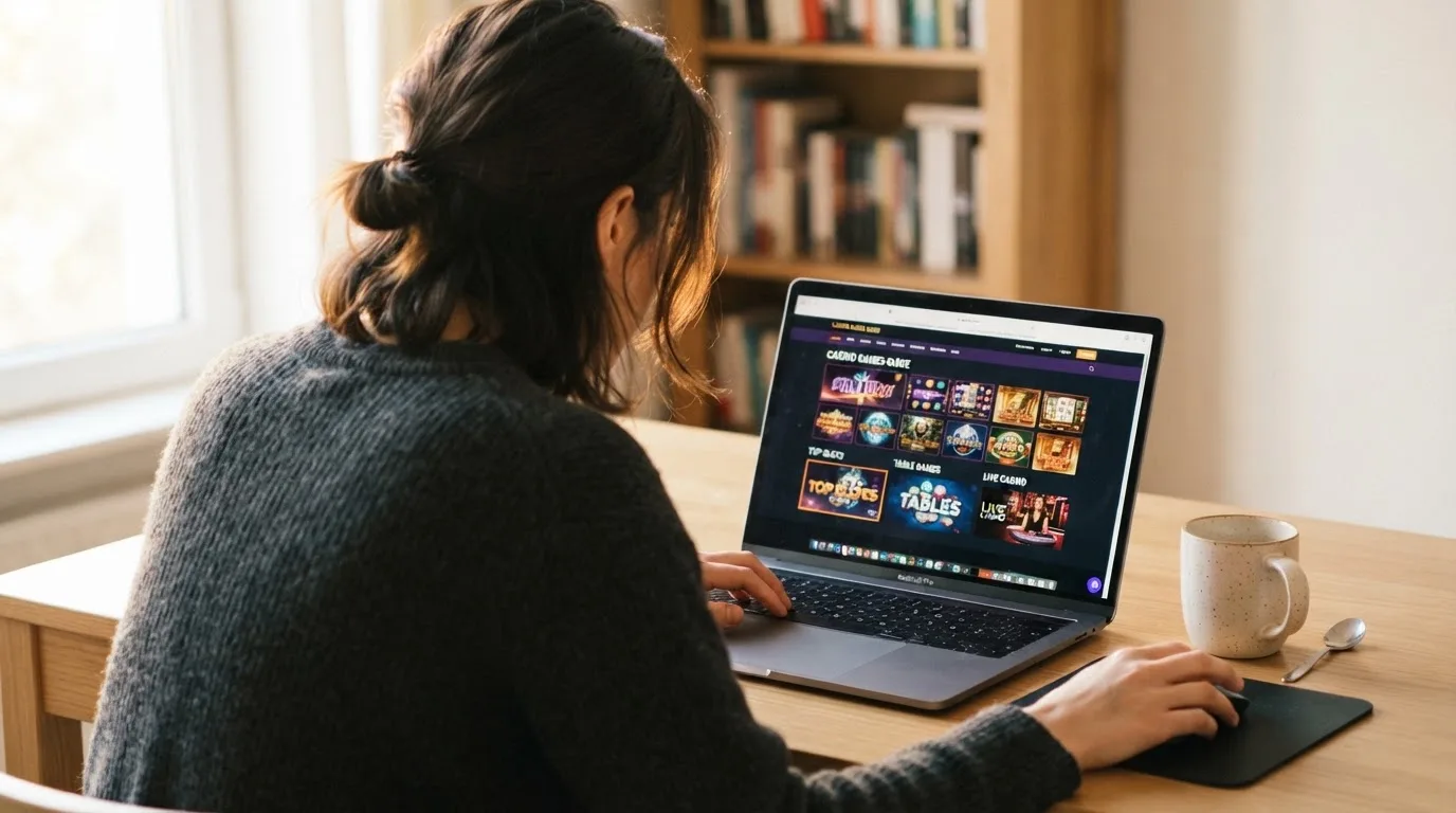 Person am Laptop liest eine Übersichtsseite zu Glücksspielen im Internet — 20 euro bonus ohne einzahlung casino