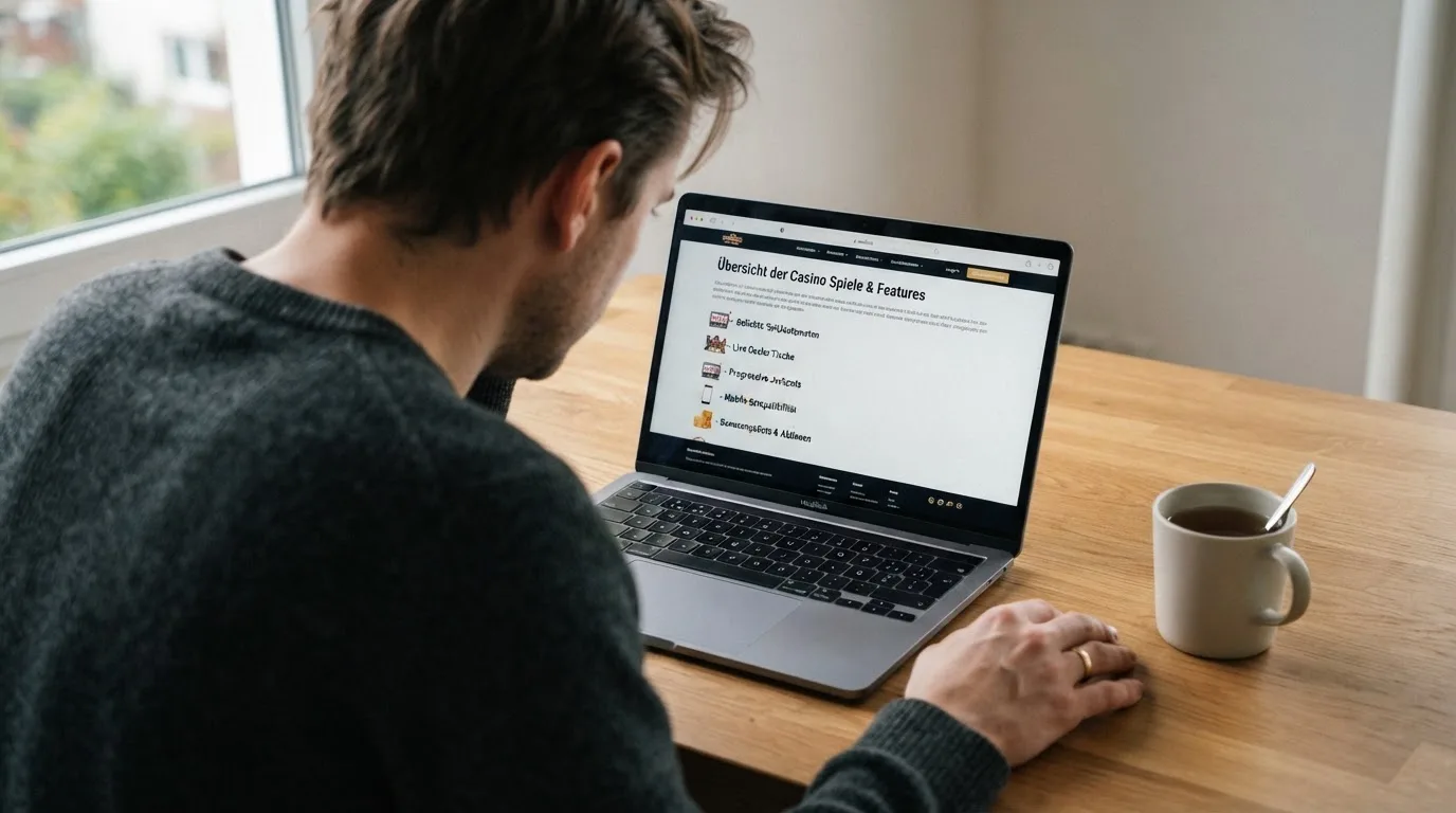 Person am Laptop liest eine Übersichtsseite zu Glücksspielen im Internet — 20 freispiele ohne einzahlung