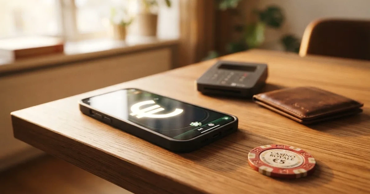 Kartenterminal und Smartphone auf einem Holztisch neben einer Geldbörse — 30 euro bonus ohne einzahlung casino