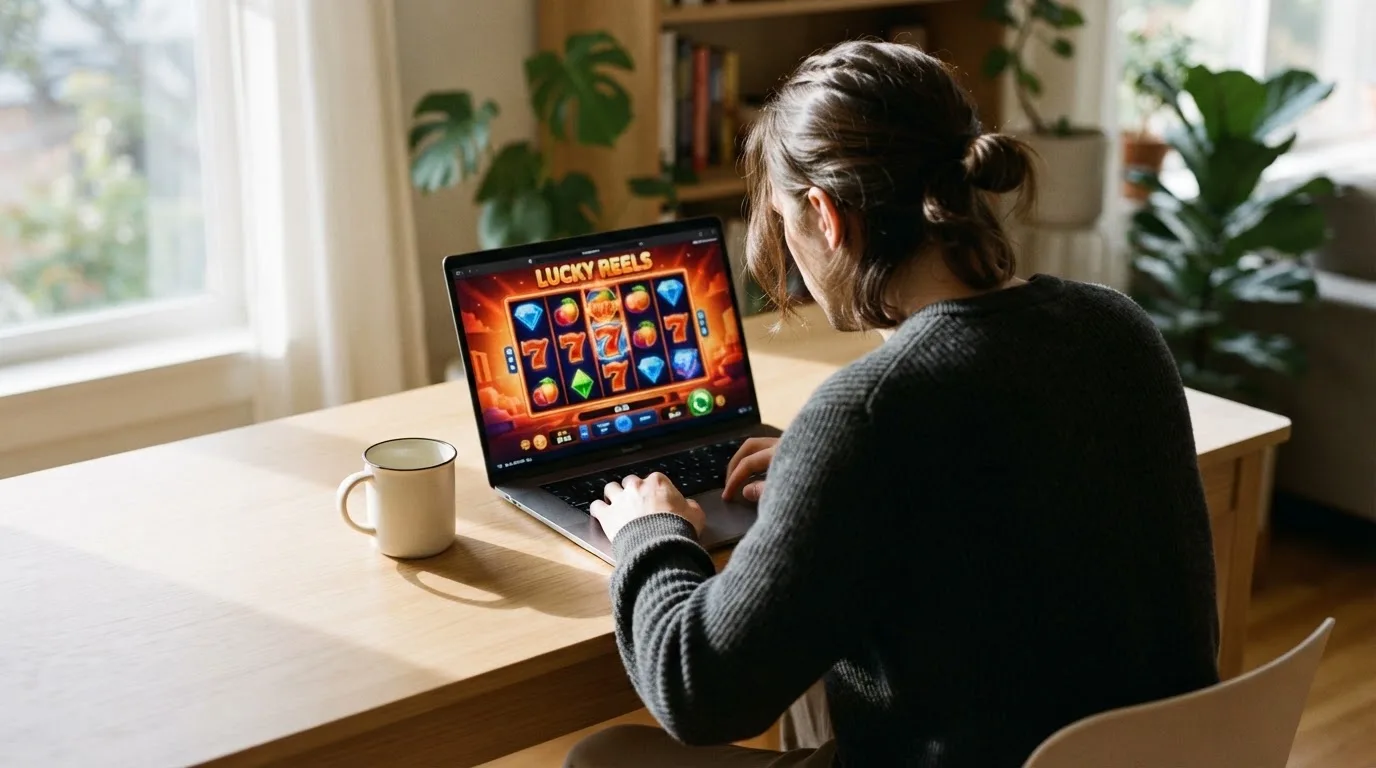 Person am Laptop liest eine Übersichtsseite zu Glücksspielen im Internet — 40 euro bonus ohne einzahlung casino