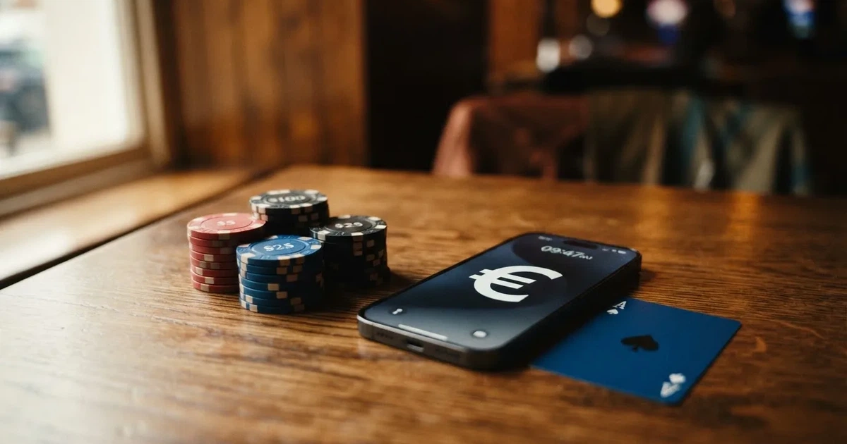 Kartenterminal und Smartphone auf einem Holztisch neben einer Geldbörse — 40 euro bonus ohne einzahlung casino