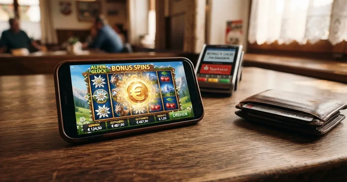 Kartenterminal und Smartphone auf einem Holztisch neben einer Geldbörse — 5 euro bonus ohne einzahlung casino
