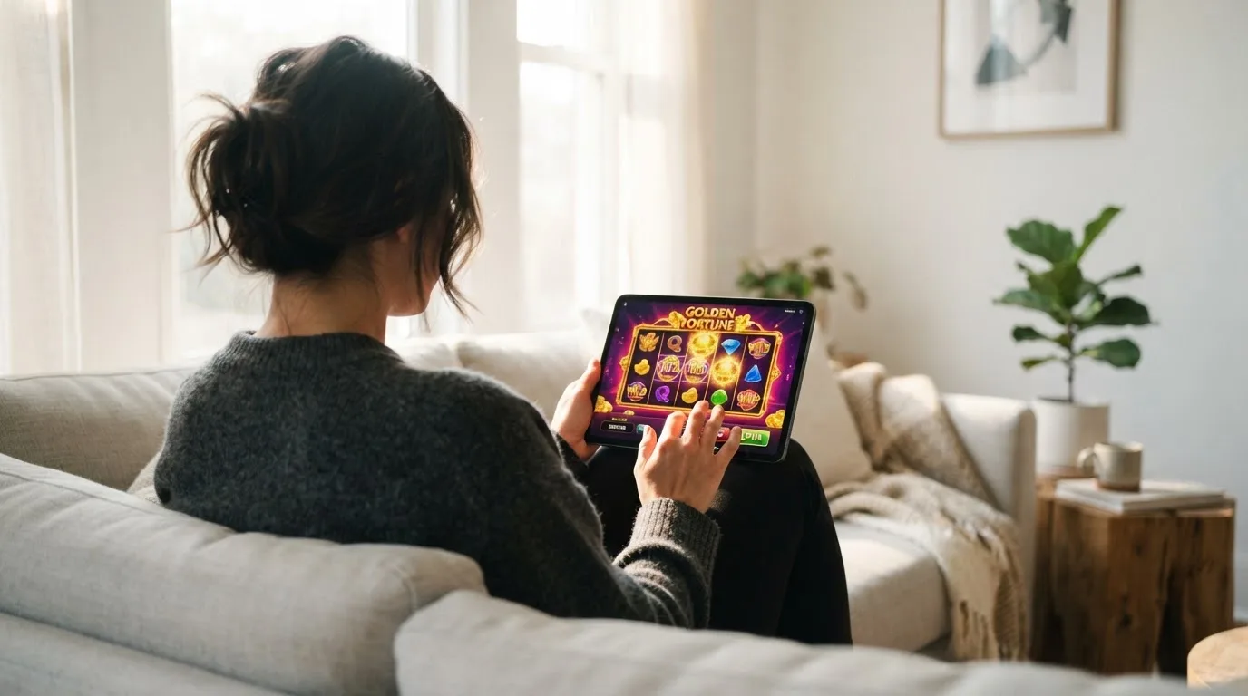 Person sitzt entspannt mit einem Tablet auf dem Schoß in einem hellen Wohnzimmer und blickt konzentriert auf den Bildschirm.