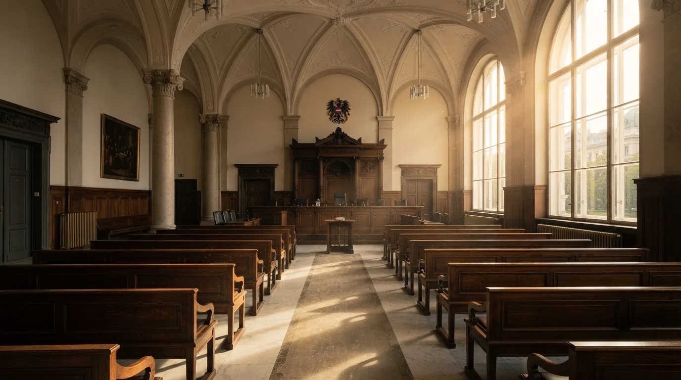 Innenansicht eines modernen Gerichtssaals mit leeren Holzbänken und hohen Fenstern, durch die Nachmittagslicht fällt.
