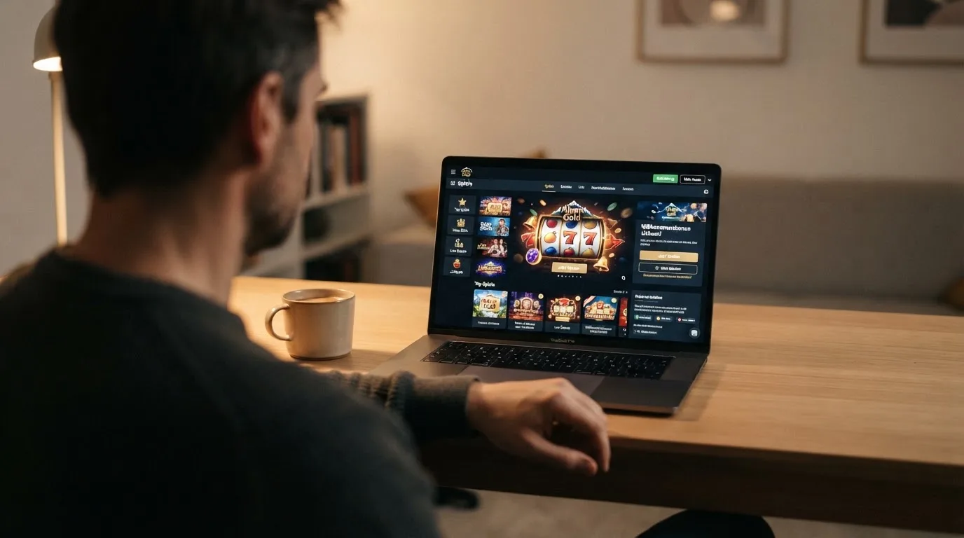 Person am Laptop liest eine Übersichtsseite zu Glücksspielen im Internet — aviator online casino