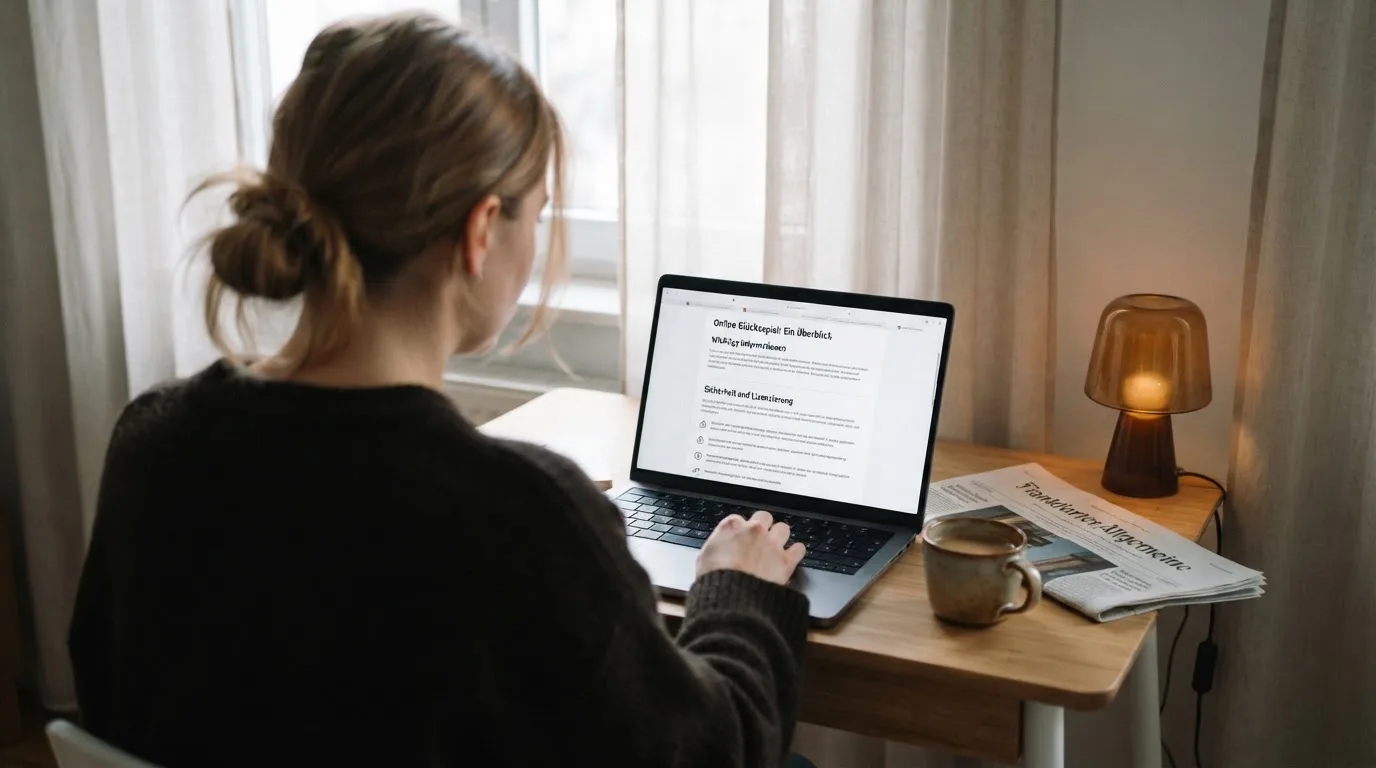 Person am Laptop liest eine Übersichtsseite zu Glücksspielen im Internet — best crypto casino österreich