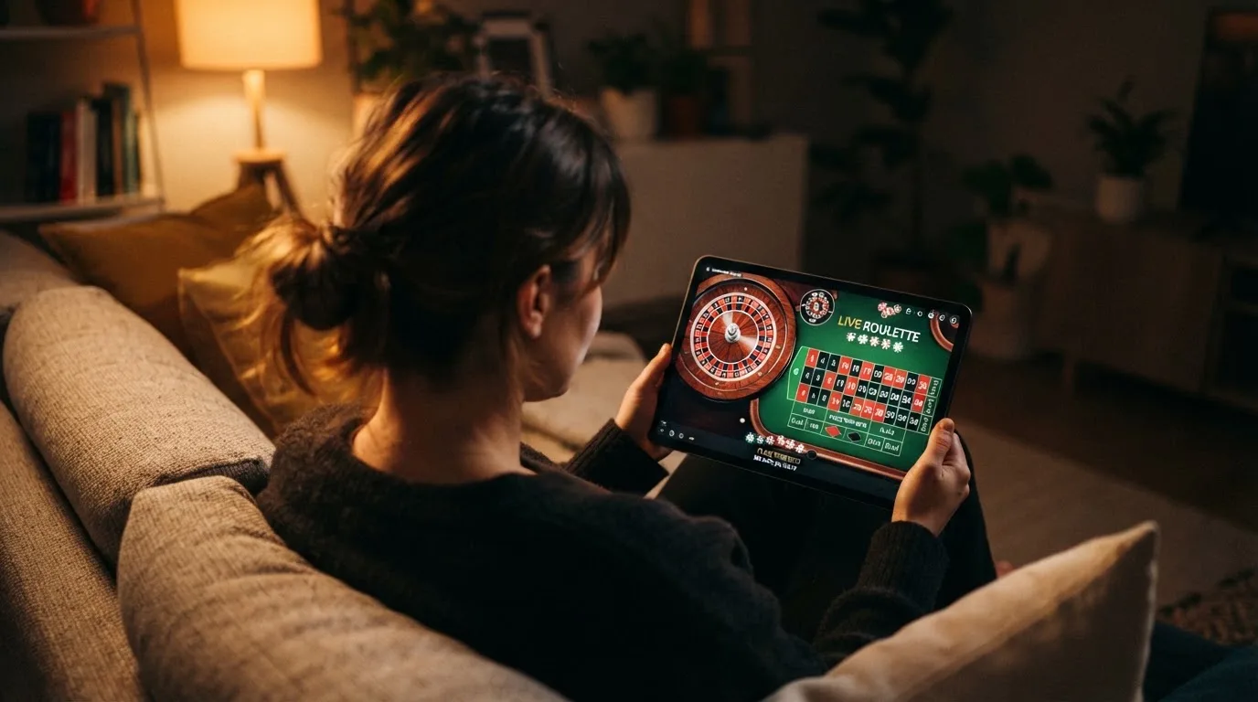 Person sitzt entspannt auf einem Sofa und blickt konzentriert auf ein Tablet in gedämpftem Wohnzimmerlicht am Abend.