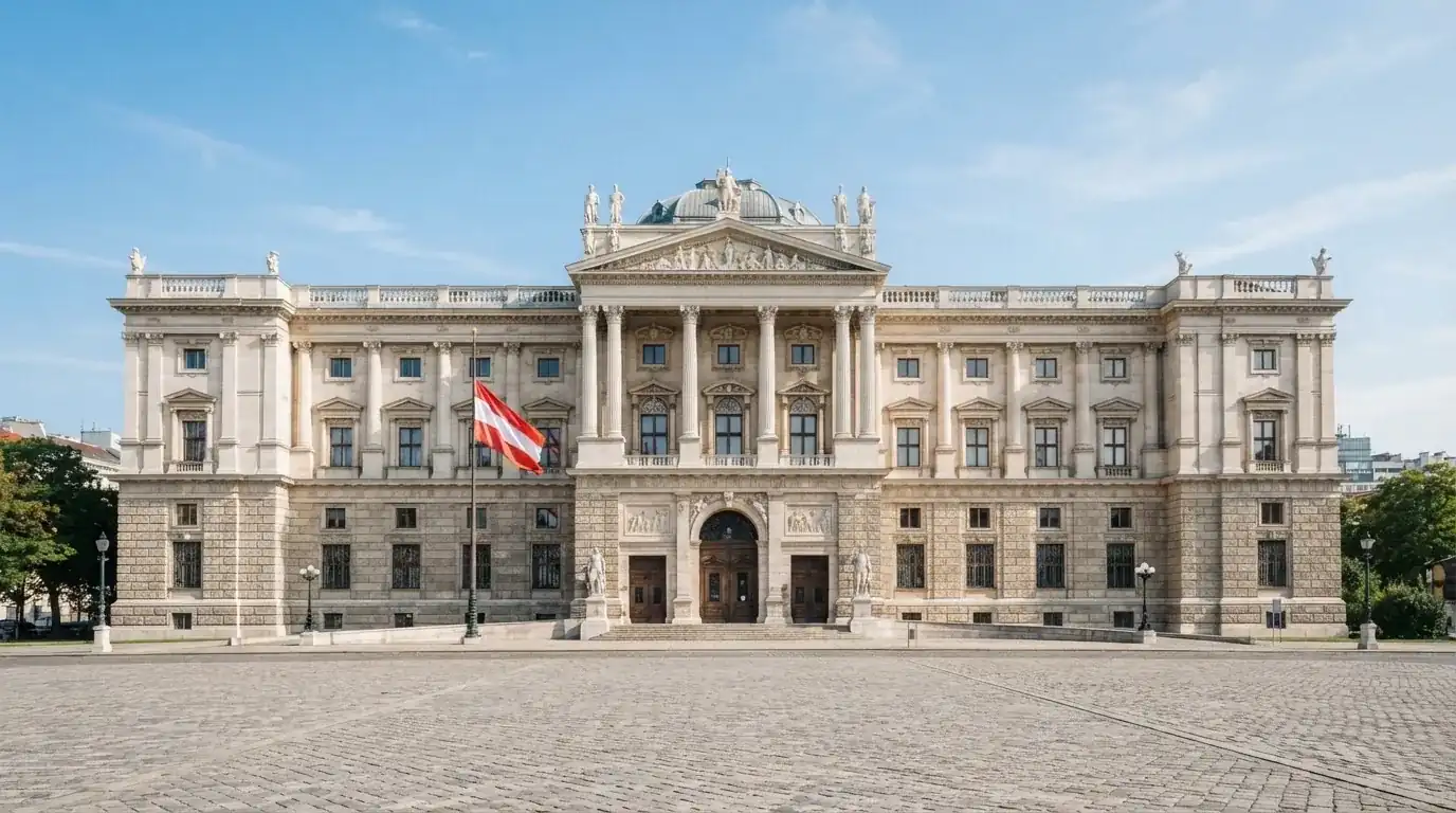 Fassade eines klassizistischen Wiener Amtsgebäudes mit österreichischer Flagge an einem klaren Nachmittag.