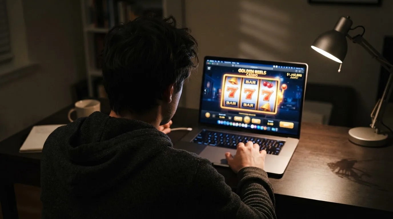 Person am Laptop liest eine Übersichtsseite zu Glücksspielen im Internet — beste casino ohne verifizierung auszahlen
