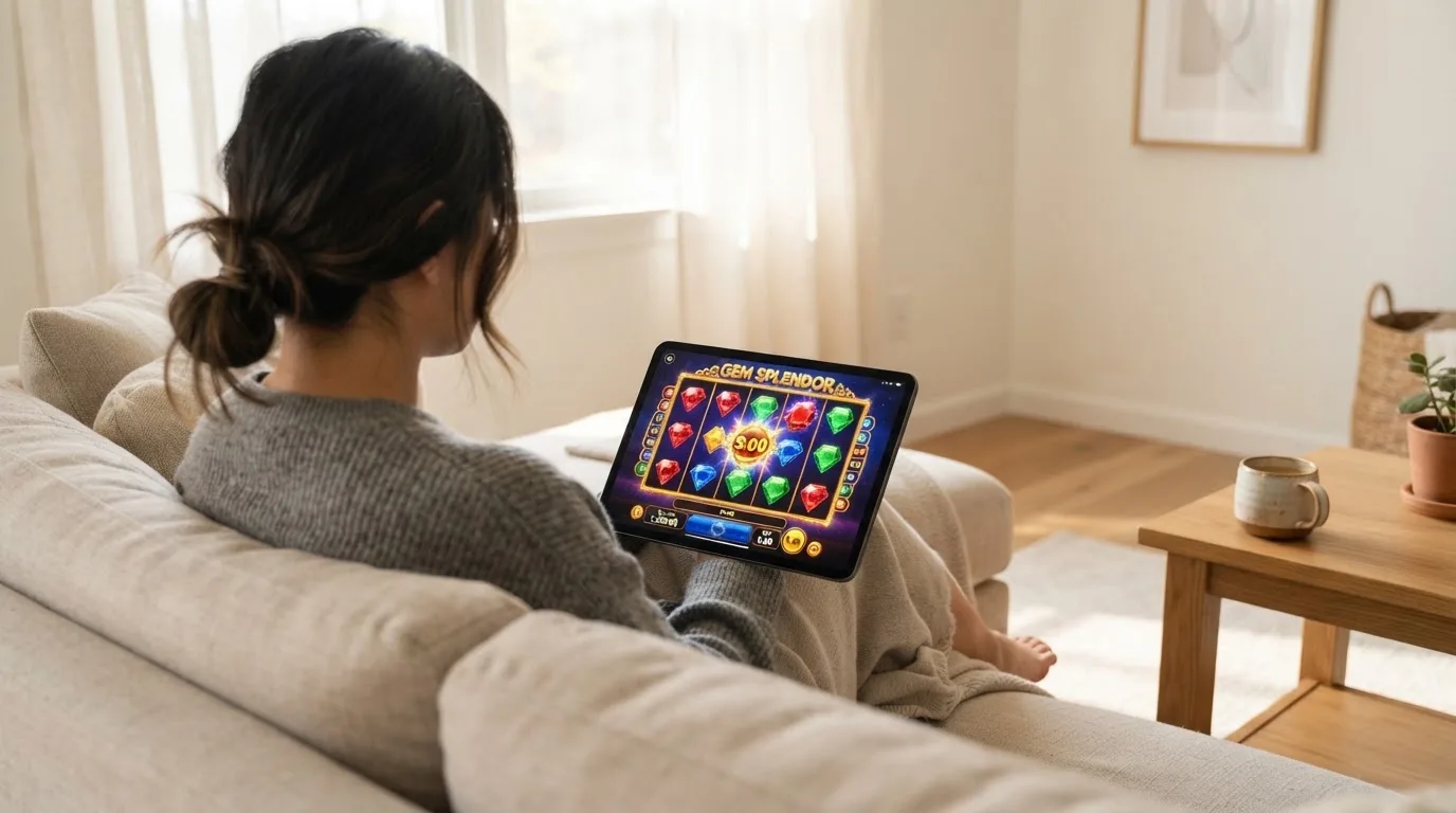Person sitzt entspannt mit einem Tablet auf dem Schoß in einem hellen Wohnzimmer.
