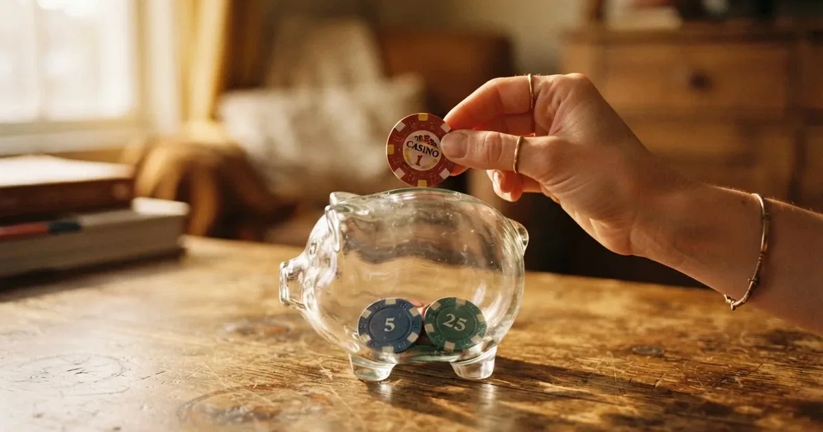Nahaufnahme einer Hand, die Münzen in ein Sparschwein aus Glas auf einem Holztisch steckt.