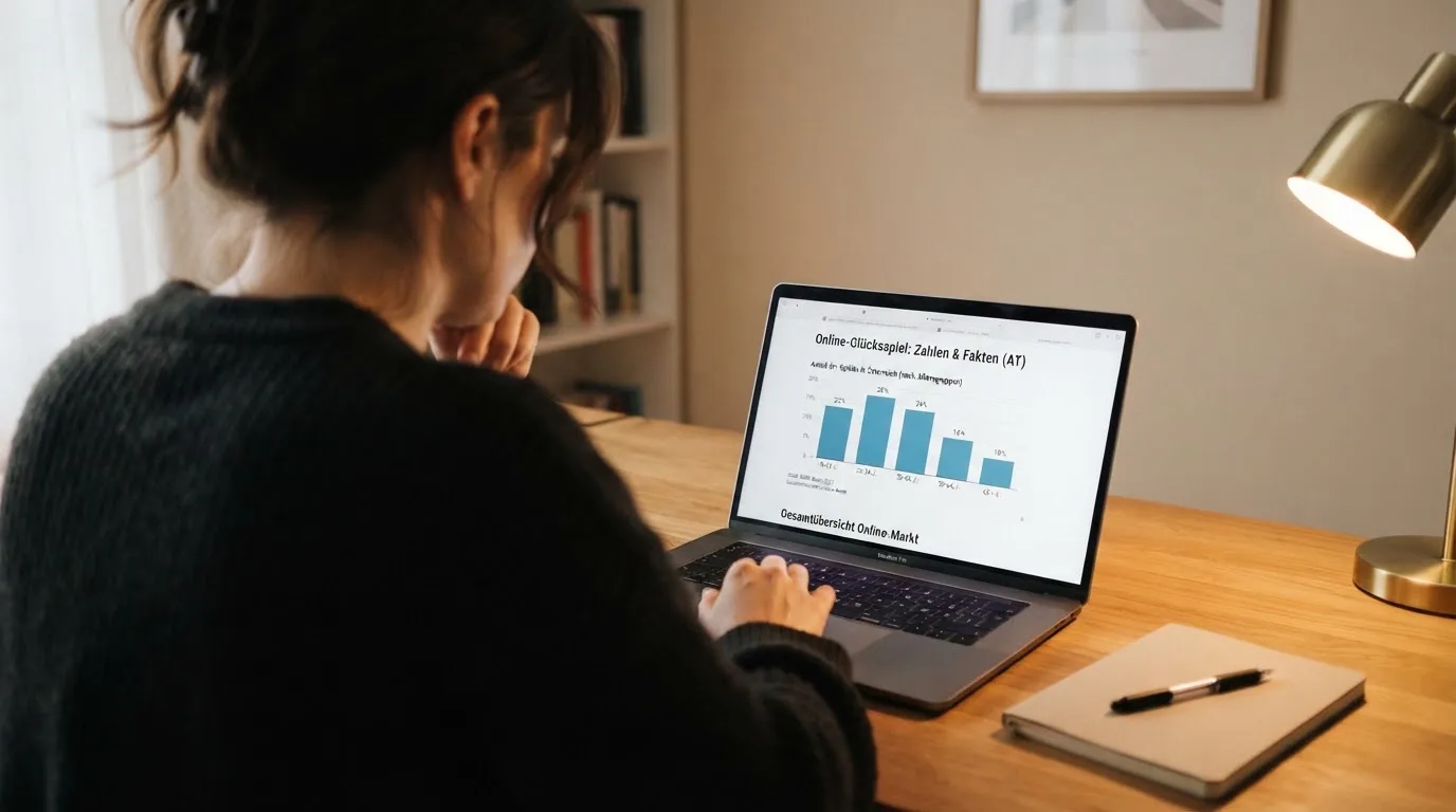 Person am Laptop liest eine Übersichtsseite zu Glücksspielen im Internet — beste online casino ausland