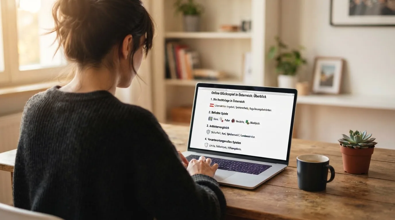 Person am Laptop liest eine Übersichtsseite zu Glücksspielen im Internet — beste online casino echtgeld app