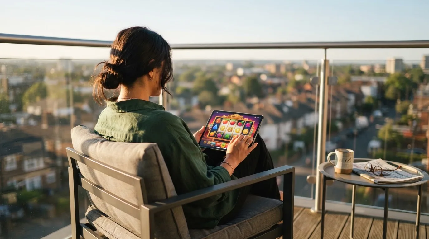 Person sitzt entspannt mit einem Tablet auf dem Balkon eines modernen Apartments.