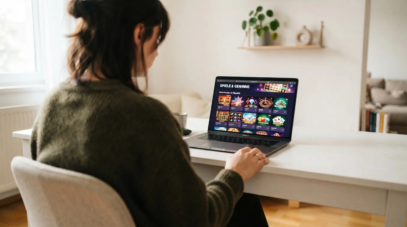 Person am Laptop liest eine Übersichtsseite zu Glücksspielen im Internet — beste online casino mit banküberweisung bezahlen