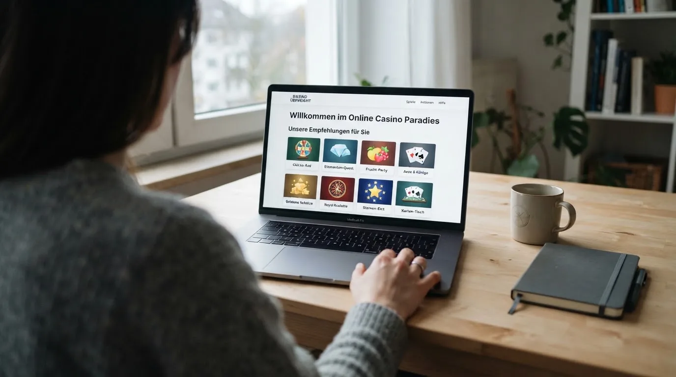 Person am Laptop liest eine Übersichtsseite zu Glücksspielen im Internet — beste online casino mit cashtocode bezahlen