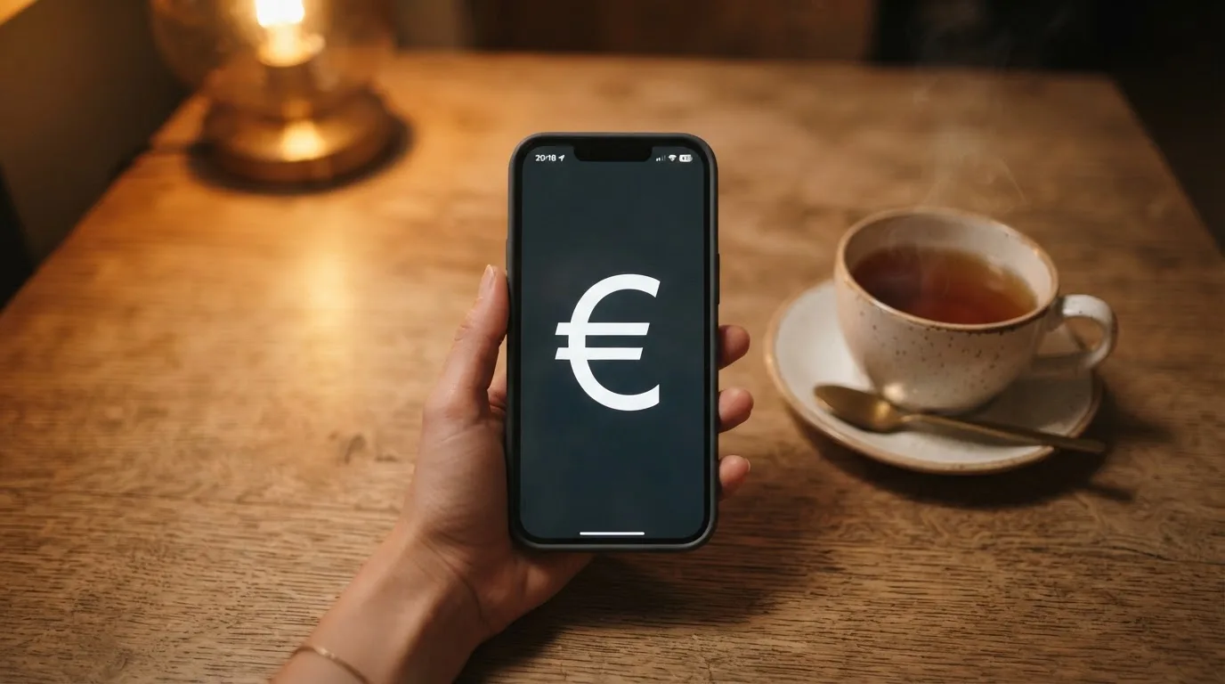 Hand hält ein Smartphone, daneben eine Tasse Tee, ruhige Abendstimmung am Küchentisch — beste online casino österreich