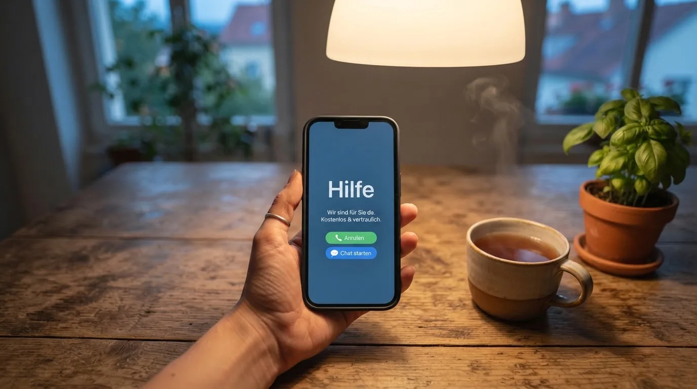 Hand hält ein Smartphone, daneben eine Tasse Tee, ruhige Abendstimmung am Küchentisch — beste online casinos echtgeld