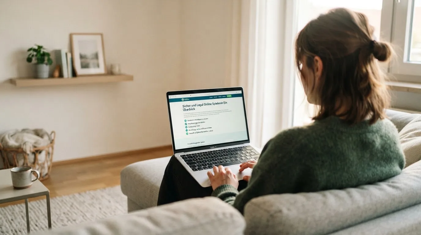 Person am Laptop liest eine Übersichtsseite zu Glücksspielen im Internet — beste online casinos mit österreichischer lizenz