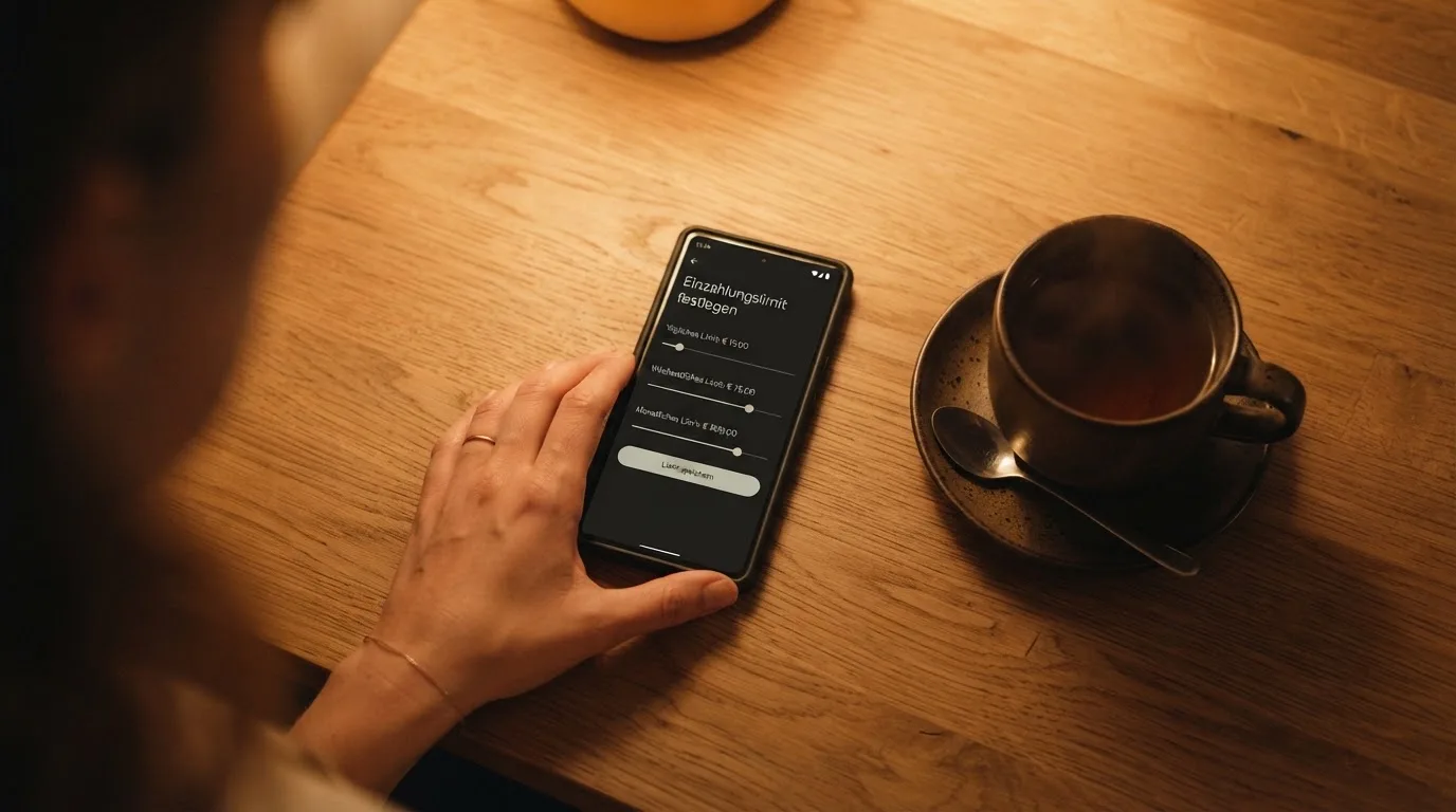 Hand hält ein Smartphone, daneben eine Tasse Tee, ruhige Abendstimmung am Küchentisch — beste online casinos mit österreichischer lizenz