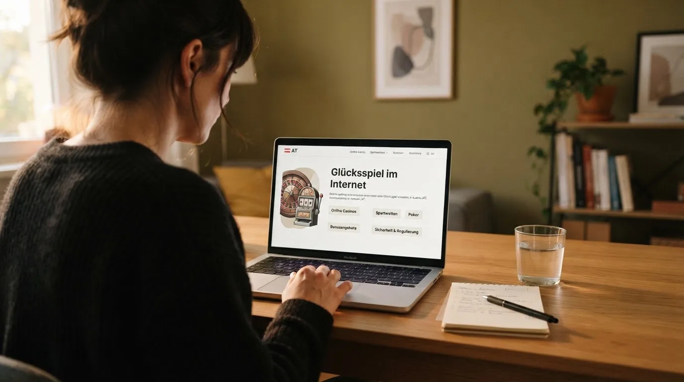 Person am Laptop liest eine Übersichtsseite zu Glücksspielen im Internet — beste online casinos österreich mit no deposit bonus