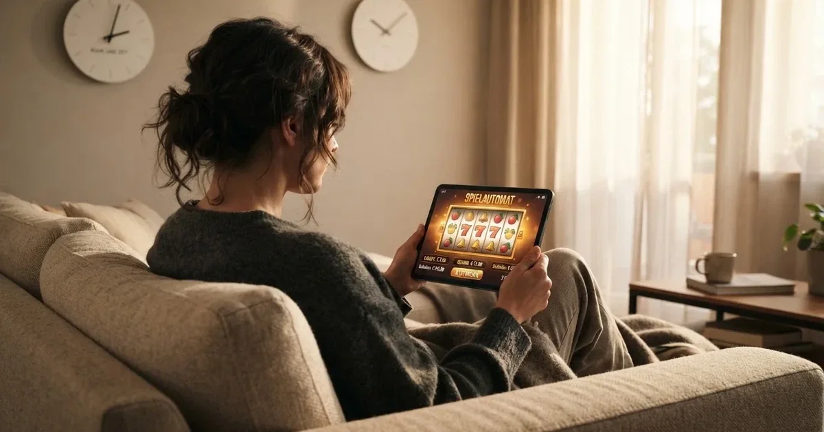 Person am Sofa schaut nachdenklich auf ein Tablet, im Hintergrund eine Uhr — beste online casinos österreich mit no deposit bonus