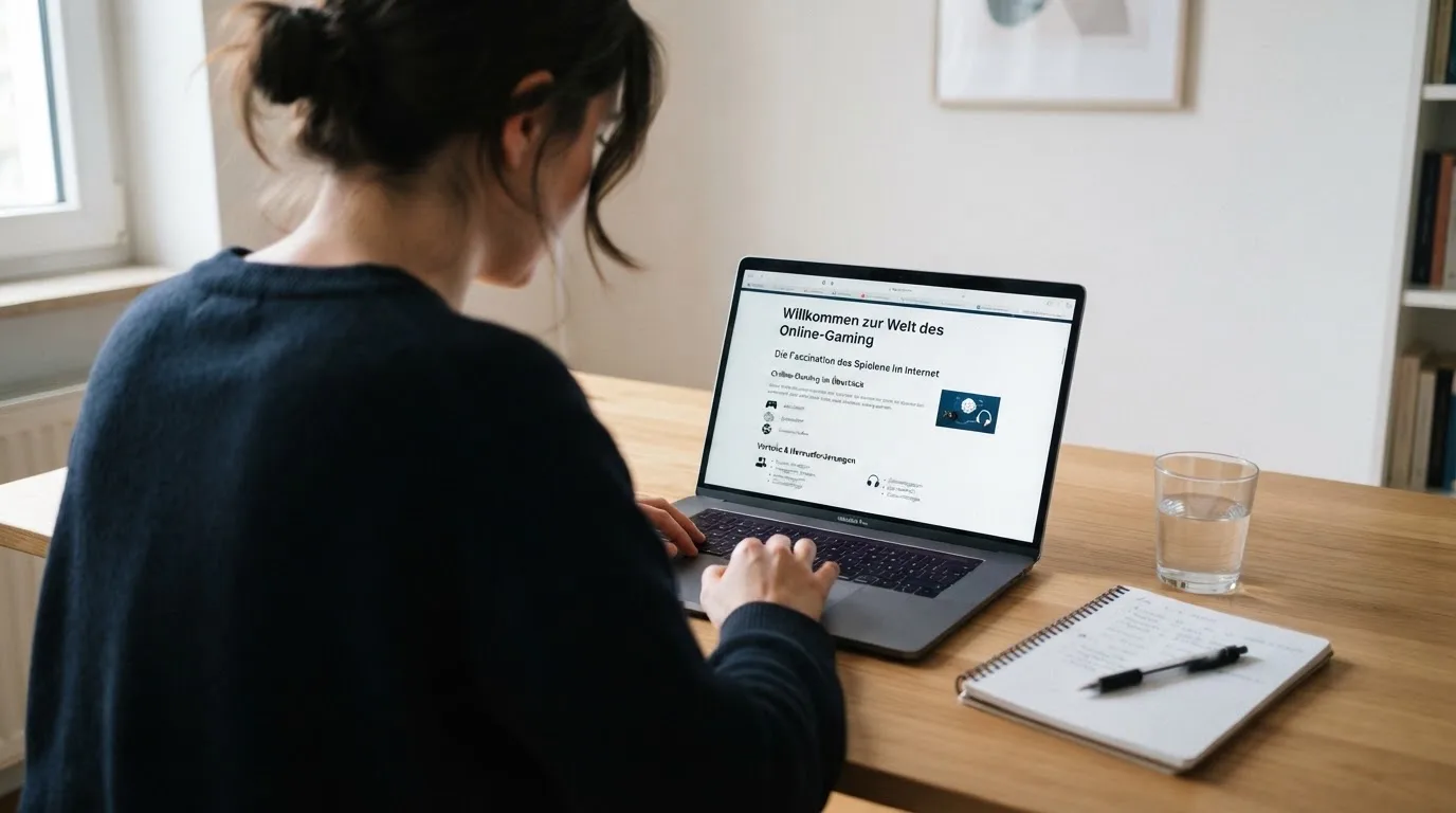 Person am Laptop liest eine Übersichtsseite zu Glücksspielen im Internet — beste online casinos ohne limit