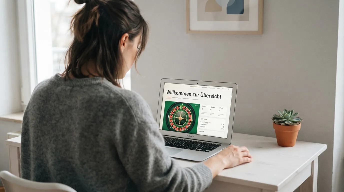 Person am Laptop liest eine Übersichtsseite zu Glücksspielen im Internet — beste online casinos ohne verifizierung