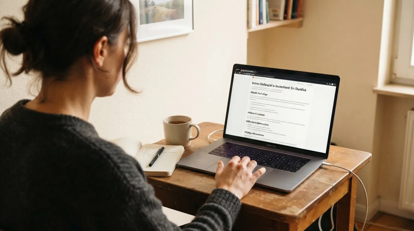 Person am Laptop liest eine Übersichtsseite zu Glücksspielen im Internet — beste online spielothek casinos