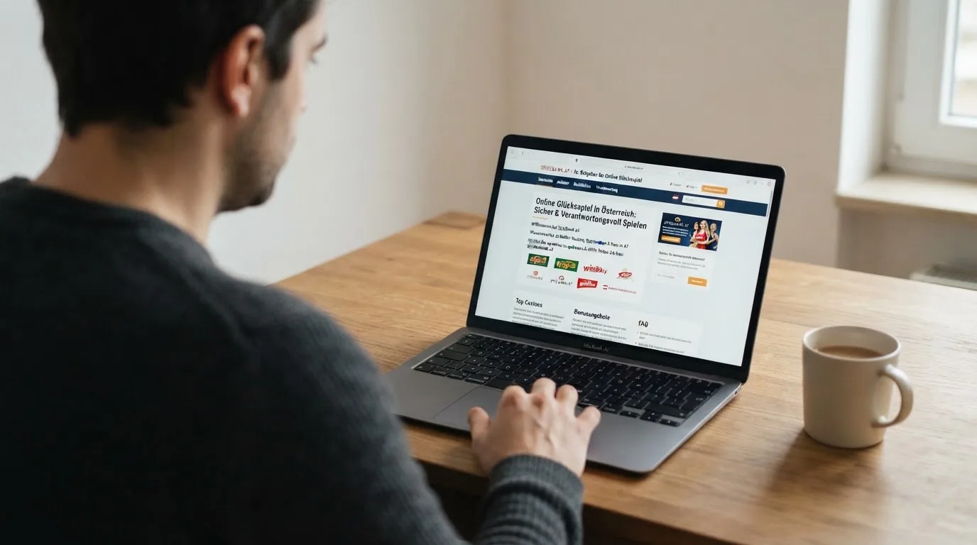 Person am Laptop liest eine Übersichtsseite zu Glücksspielen im Internet — bester willkommensbonus online casino