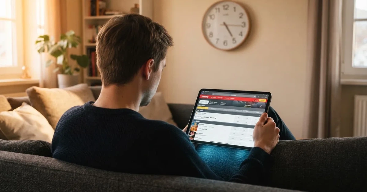Person am Sofa schaut nachdenklich auf ein Tablet, im Hintergrund eine Uhr — bester willkommensbonus online casino