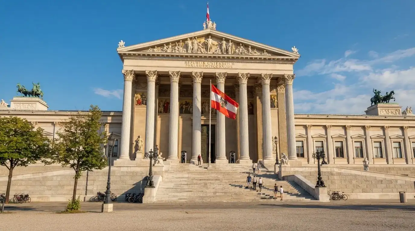 Fassade eines klassizistischen Wiener Amtsgebäudes mit österreichischer Flagge an einem klaren Nachmittag.