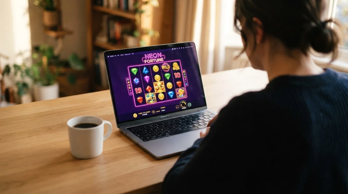 Person am Laptop liest eine Übersichtsseite zu Glücksspielen im Internet — binance coin casino vergleich