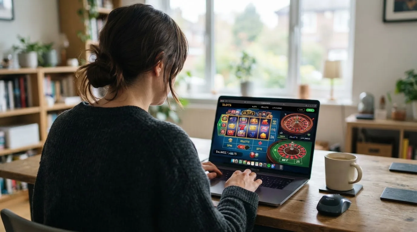 Person am Laptop liest eine Übersichtsseite zu Glücksspielen im Internet — bitcoin cash casino vergleich