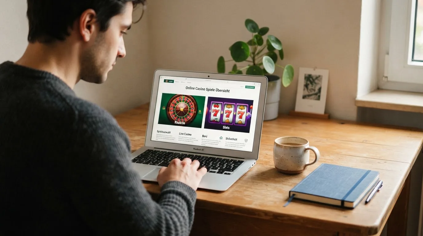 Person am Laptop liest eine Übersichtsseite zu Glücksspielen im Internet — casino bonus ohne einzahlung