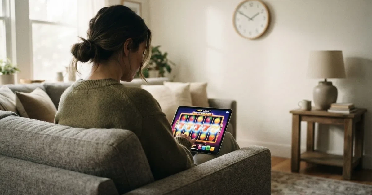 Person am Sofa schaut nachdenklich auf ein Tablet, im Hintergrund eine Uhr — casino bonus ohne einzahlung