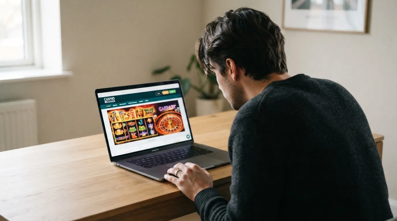 Person am Laptop liest eine Übersichtsseite zu Glücksspielen im Internet — casino mit hoher gewinnchance