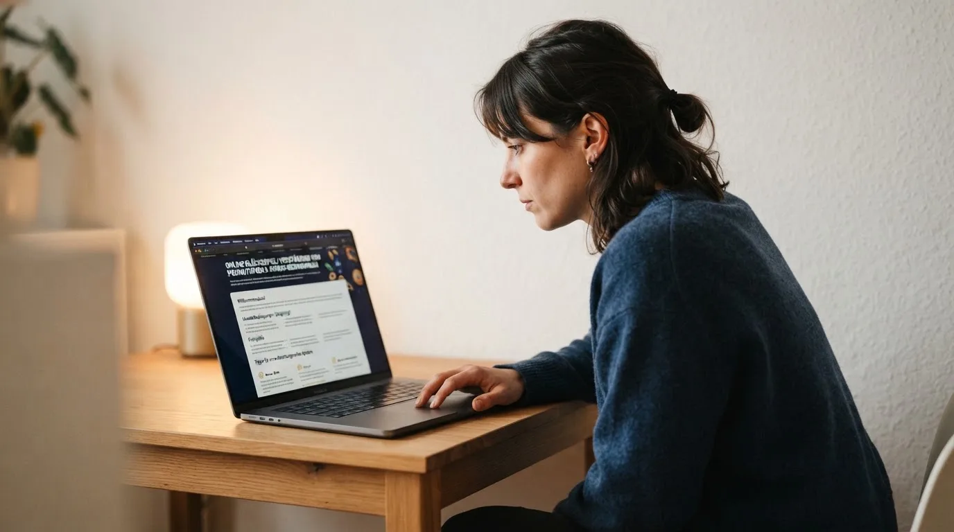 Person am Laptop liest eine Übersichtsseite zu Glücksspielen im Internet — casino online mit bonus ohne einzahlung