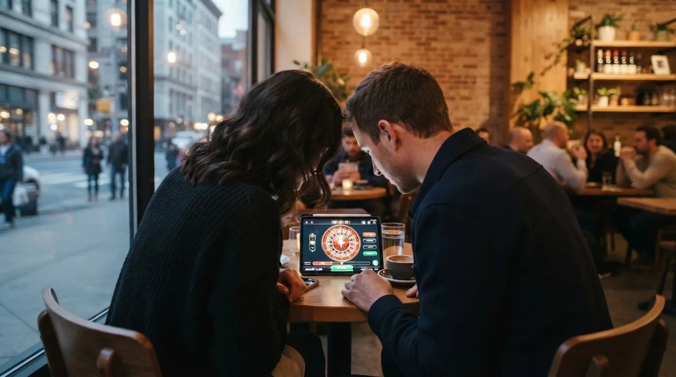Zwei Personen sitzen an einem Cafétisch und schauen gemeinsam auf ein Tablet.