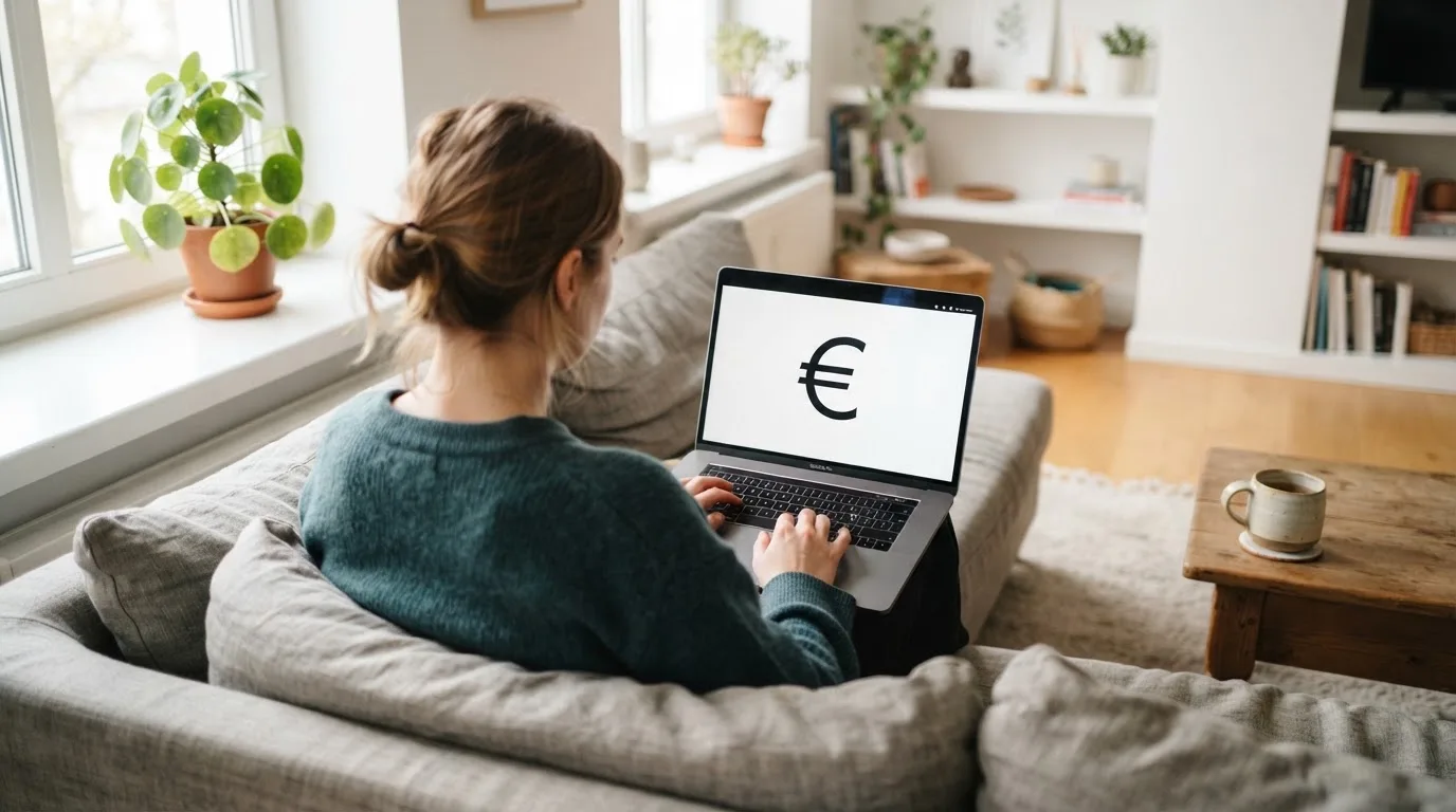 Person sitzt entspannt mit einem Laptop auf dem Sofa in einem hellen, modernen Wohnzimmer.