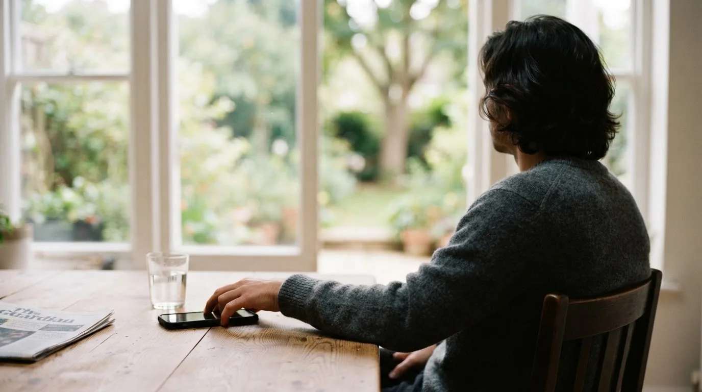 Eine Person legt ihr Smartphone auf den Tisch und blickt nachdenklich aus dem Fenster.