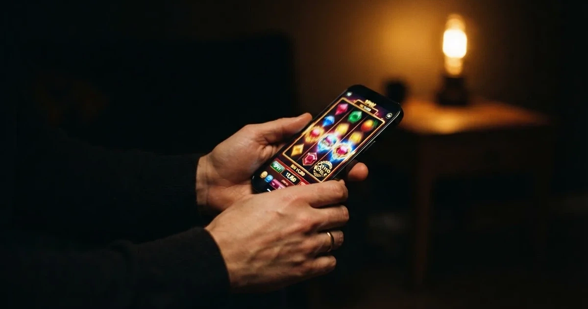 Nahaufnahme zweier Hände, die ein Smartphone mit gedämpftem Bildschirmlicht in einem abgedunkelten Zimmer halten.