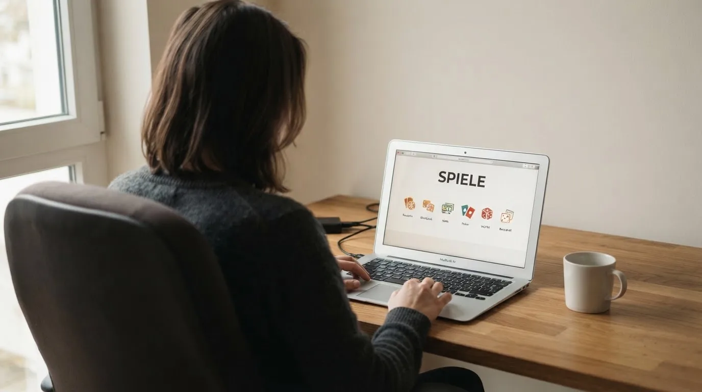 Person am Laptop liest eine Übersichtsseite zu Glücksspielen im Internet — online casino mit autoplay