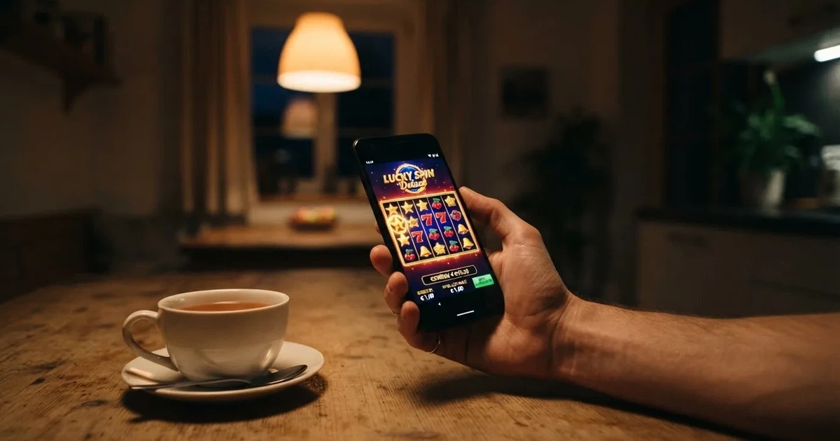 Hand hält ein Smartphone, daneben eine Tasse Tee, ruhige Abendstimmung am Küchentisch — online casino ohne auszahlungslimit