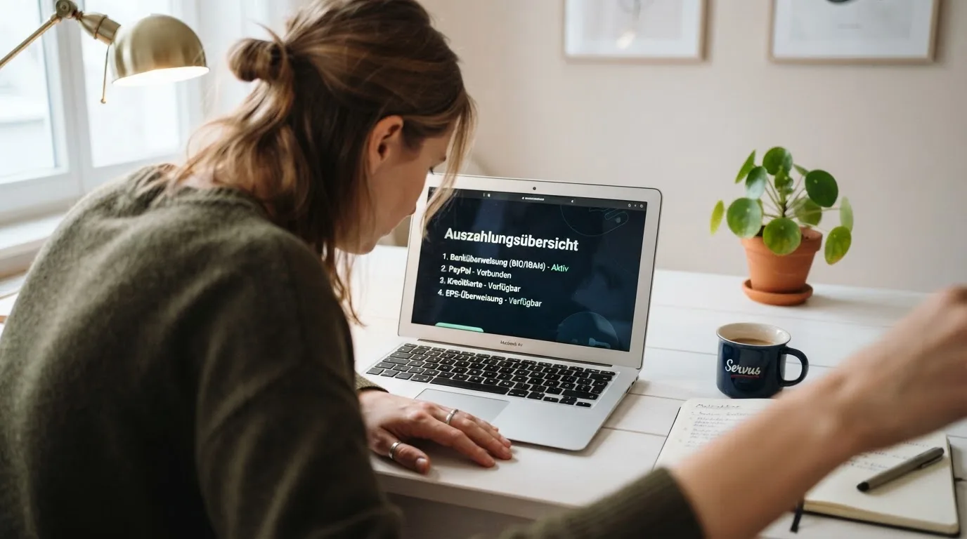 Person am Laptop liest eine Übersichtsseite zu Glücksspielen im Internet — online casino schnelle auszahlung