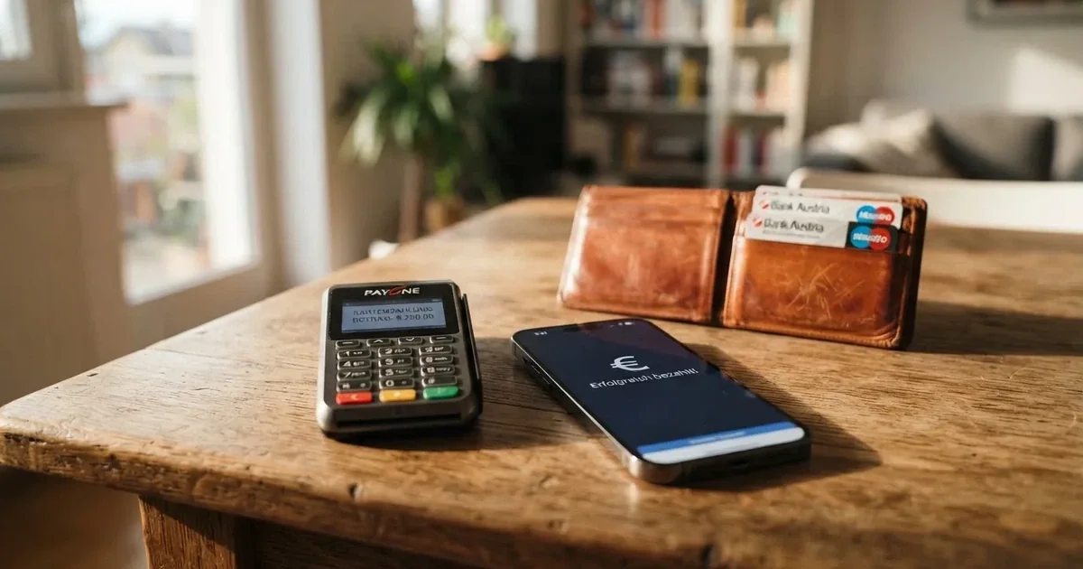 Kartenterminal und Smartphone auf einem Holztisch neben einer Geldbörse — online casino schnelle auszahlung